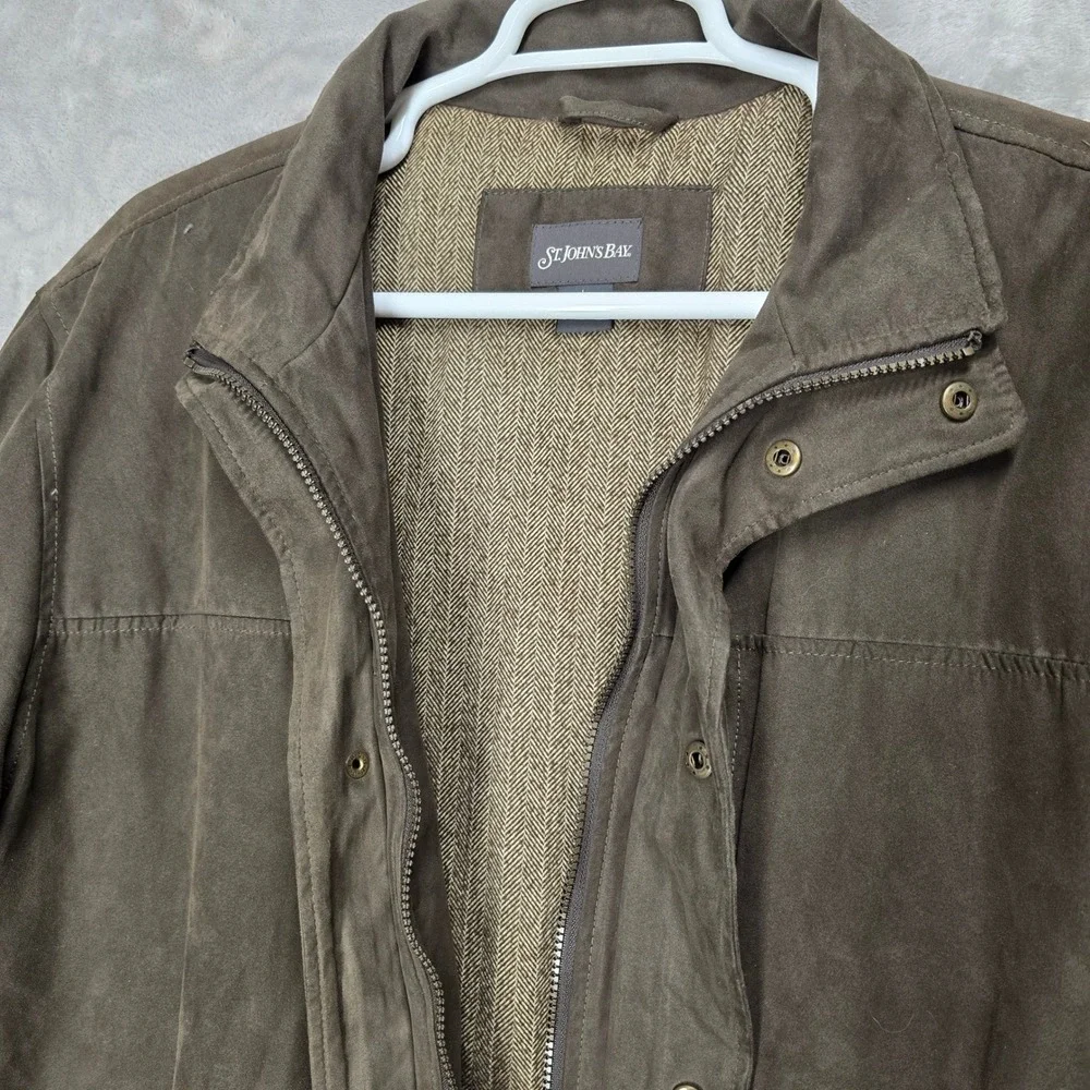 St Johns Bay Mens L Brown Suede Polyester Bomber Jacket Full Zip Casual Workwear